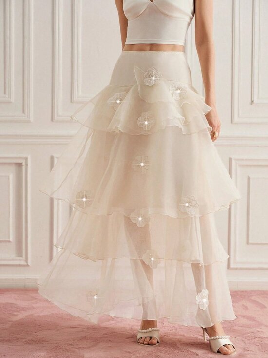 Dresses & Skirts - European Elegant Women's Sequin Floral detailed Ruffle Hem Cake Skirt